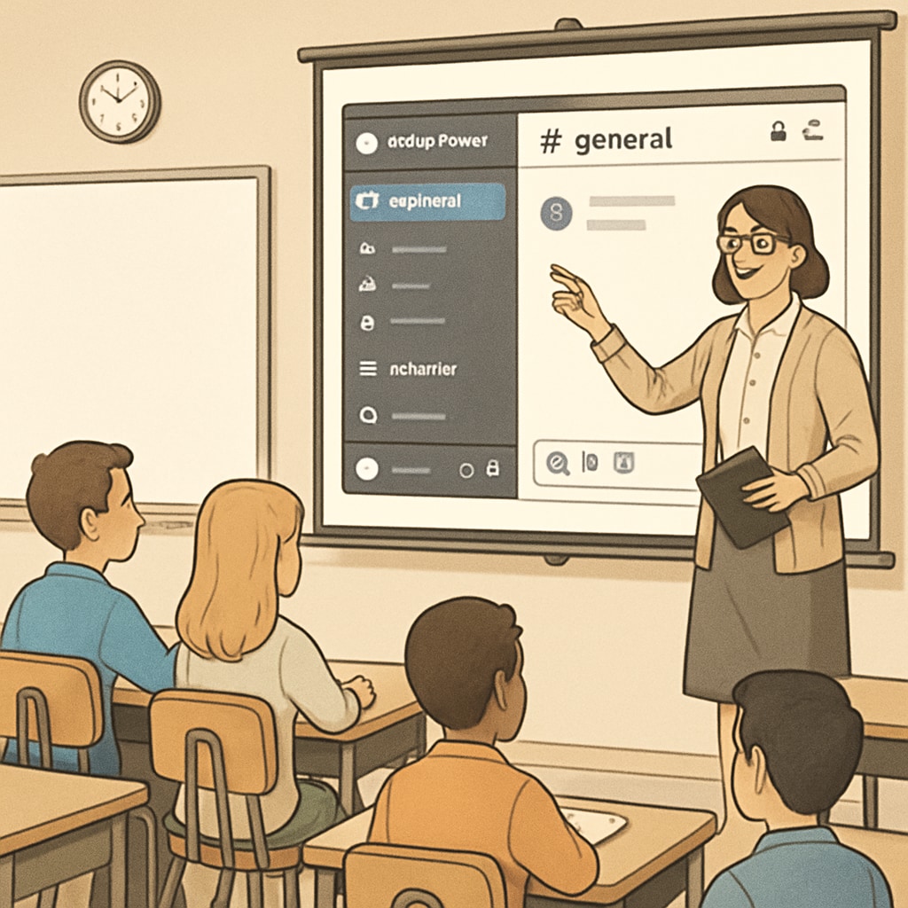 A teacher explaining Discord features for education to students.