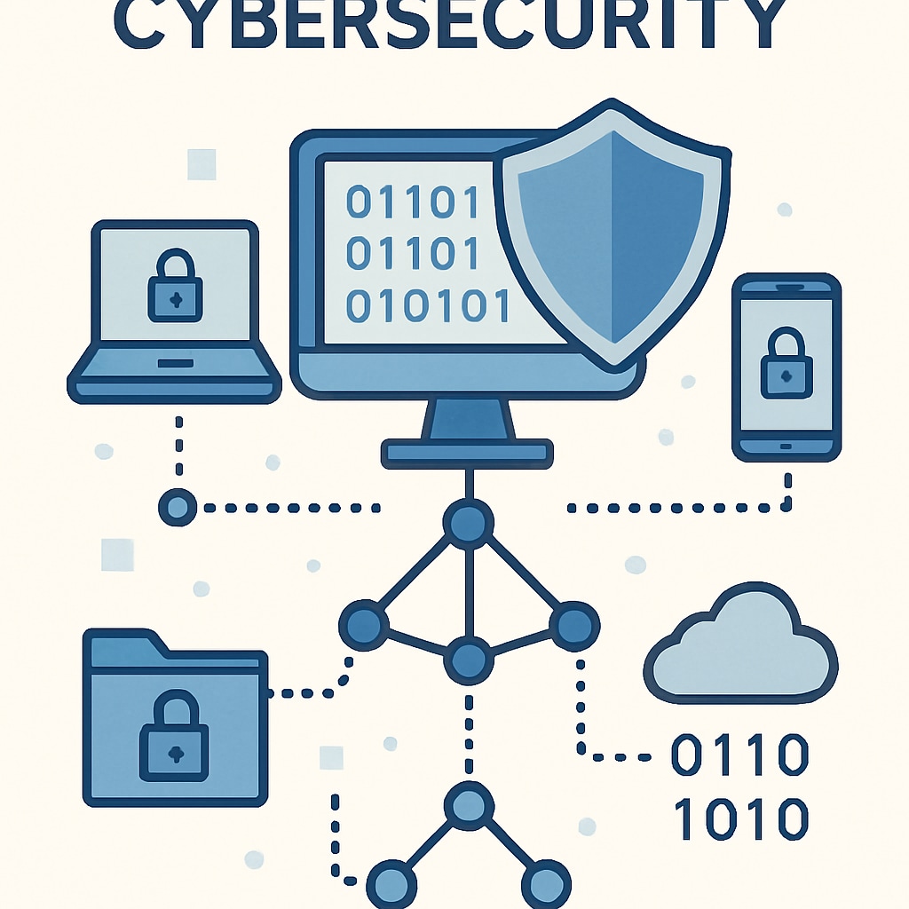 A visual representation of cybersecurity, such as a shield protecting a computer network. Cybersecurity illustration with a shield securing a digital network.