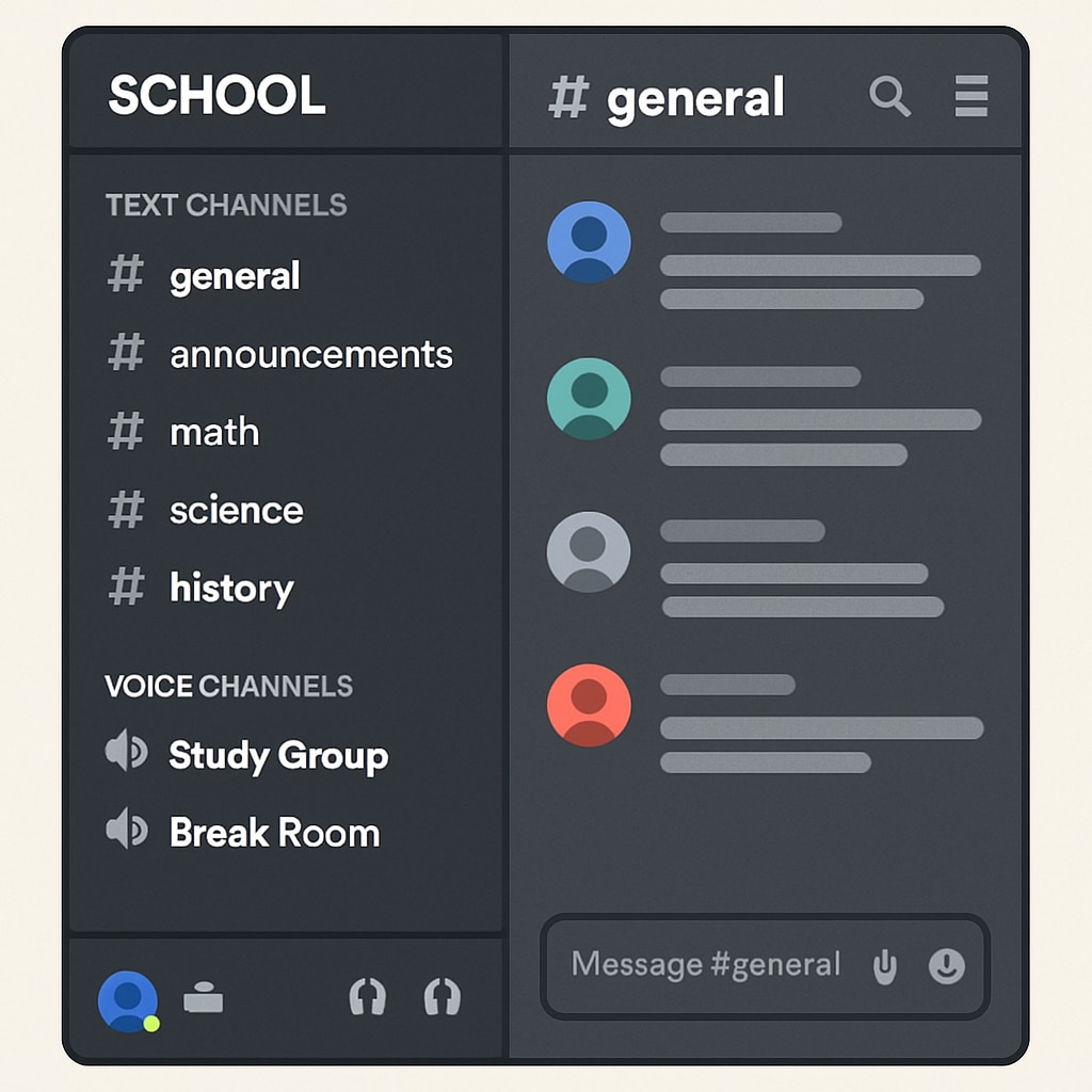 A screenshot of a Discord server organized for educational purposes, with channels for different subjects and activities. Discord server setup for educational use, with channels for subjects and activities.