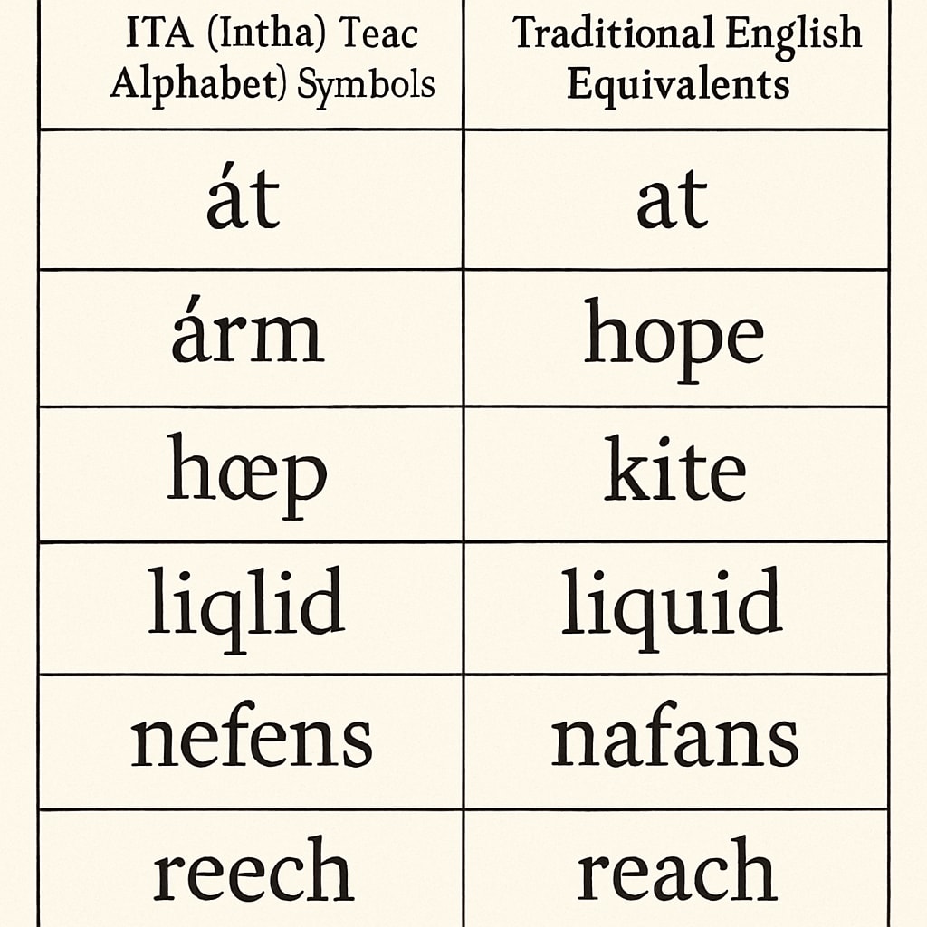 A side-by-side chart comparing ITA symbols with their traditional English equivalents, emphasizing their differences in spelling. Chart comparing Initial Teaching Alphabet symbols and traditional English spelling.