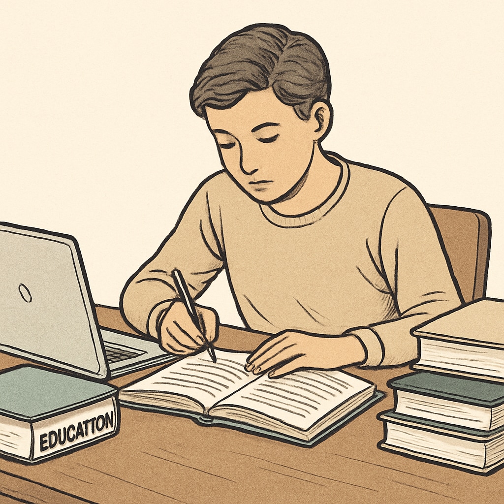 A young adult studying with textbooks and a laptop, symbolizing education recovery. A young adult studying, representing qualification improvement in the UK education system.
