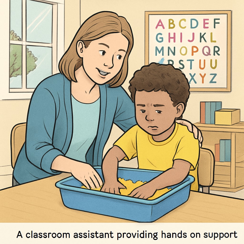 A classroom assistant guiding a child with autism through a sensory activity, offering hands-on support and encouragement. A teaching assistant helping a child with autism during a sensory activity in a special education classroom.
