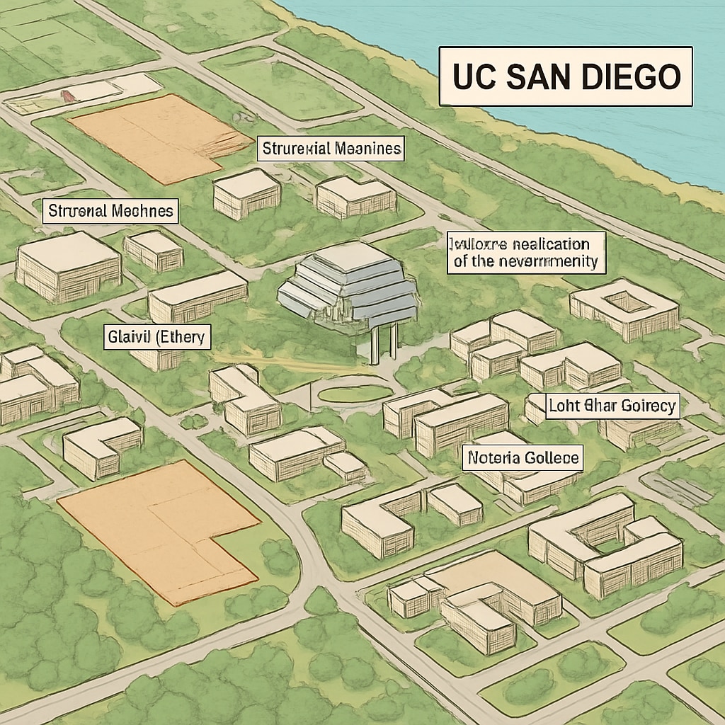 Aerial view of UC San Diego campus with new construction areas highlighted, illustrating the ongoing infrastructure development to support the expansion plan. UC San Diego campus expansion with construction areas