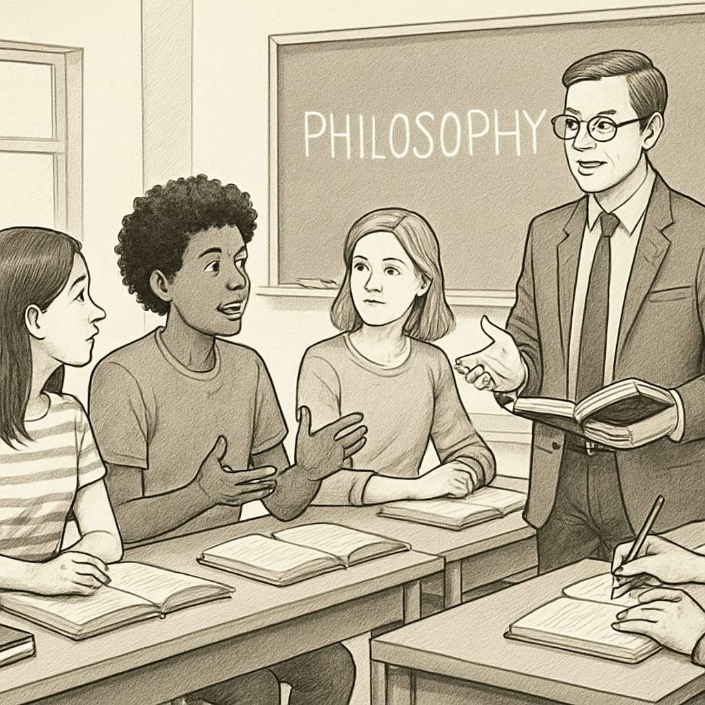 A classroom with students engaged in a philosophical discussion, guided by a teacher. Students appear attentive, with books and notes spread across desks. Students and teacher discussing philosophy in a classroom setting.