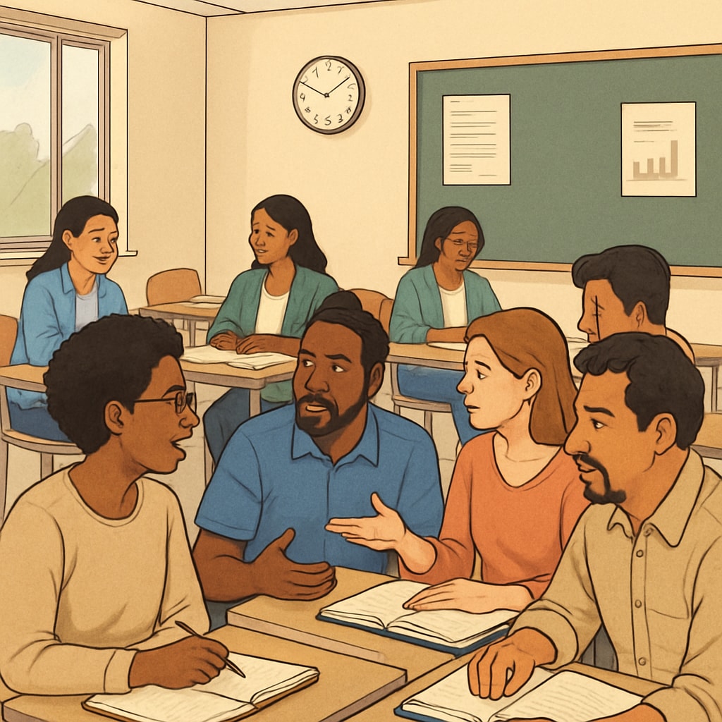 A classroom with diverse adult learners engaging in discussions, representing second-chance education. Adult learners in a classroom, highlighting second-chance education opportunities in the UK.