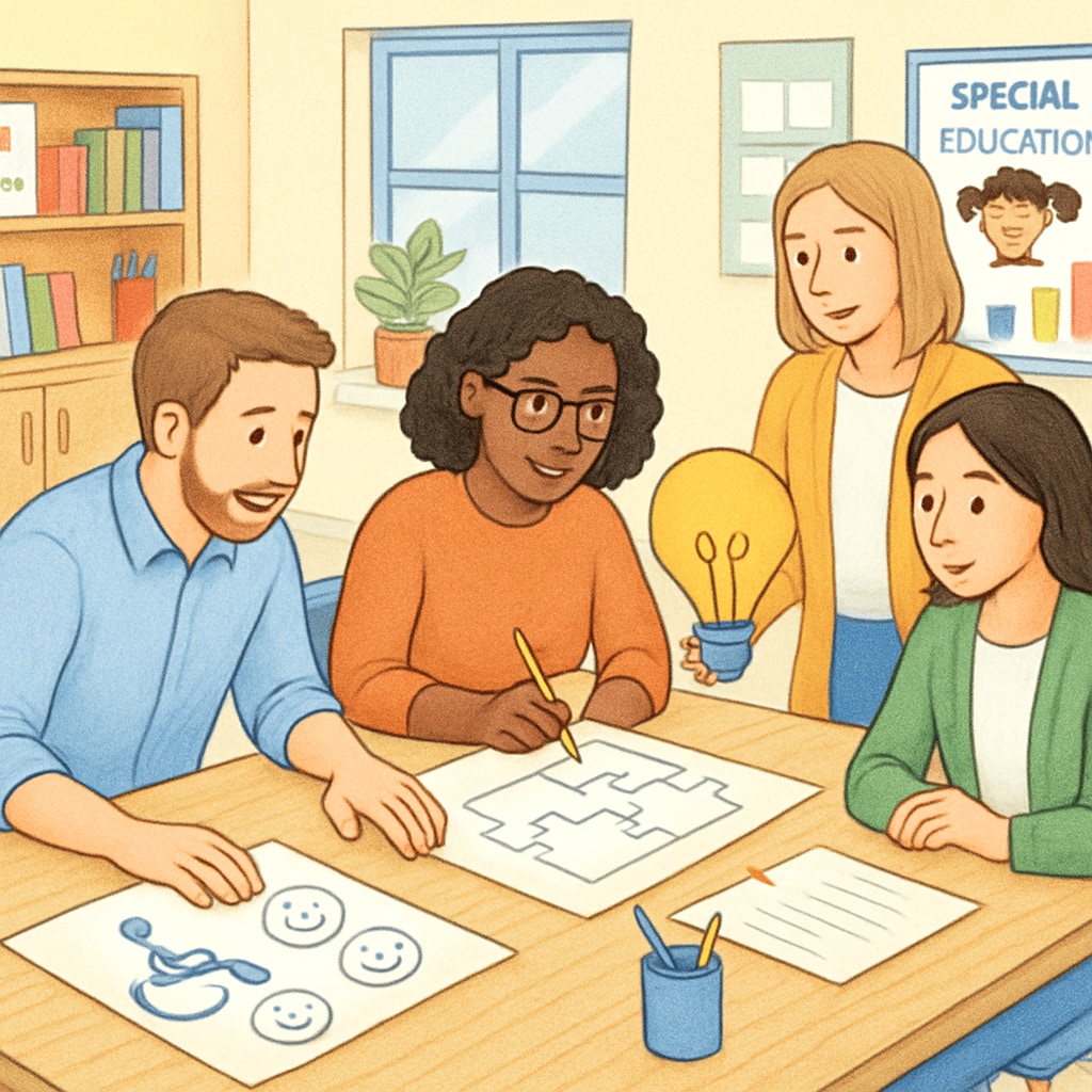 A group of educators collaborating to create activities tailored for children with special needs, showcasing teamwork in special education. Educators planning activities for children with autism in a collaborative environment.
