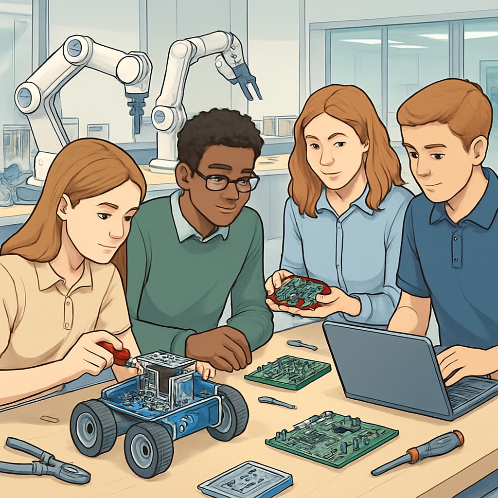 High school students working collaboratively in a STEM lab, showcasing robotics projects that align with UCSD's focus on STEM education. K12 students in a STEM lab preparing for higher education opportunities