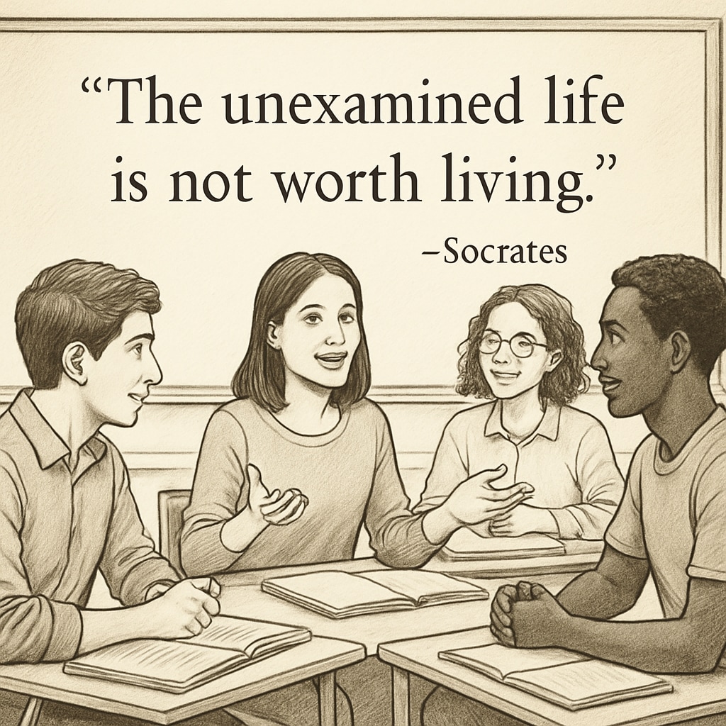 Students engaged in a group discussion, with philosophical quotes displayed on a classroom whiteboard. Quotes may include phrases like Group discussion of students under teacher guidance, philosophical quotes visible.