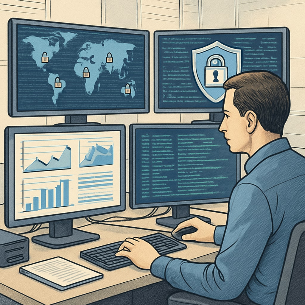 A cybersecurity professional analyzing threat data on multiple screens in a technical environment. Cybersecurity professional working on threat analysis related to university reputation and cybersecurity careers.