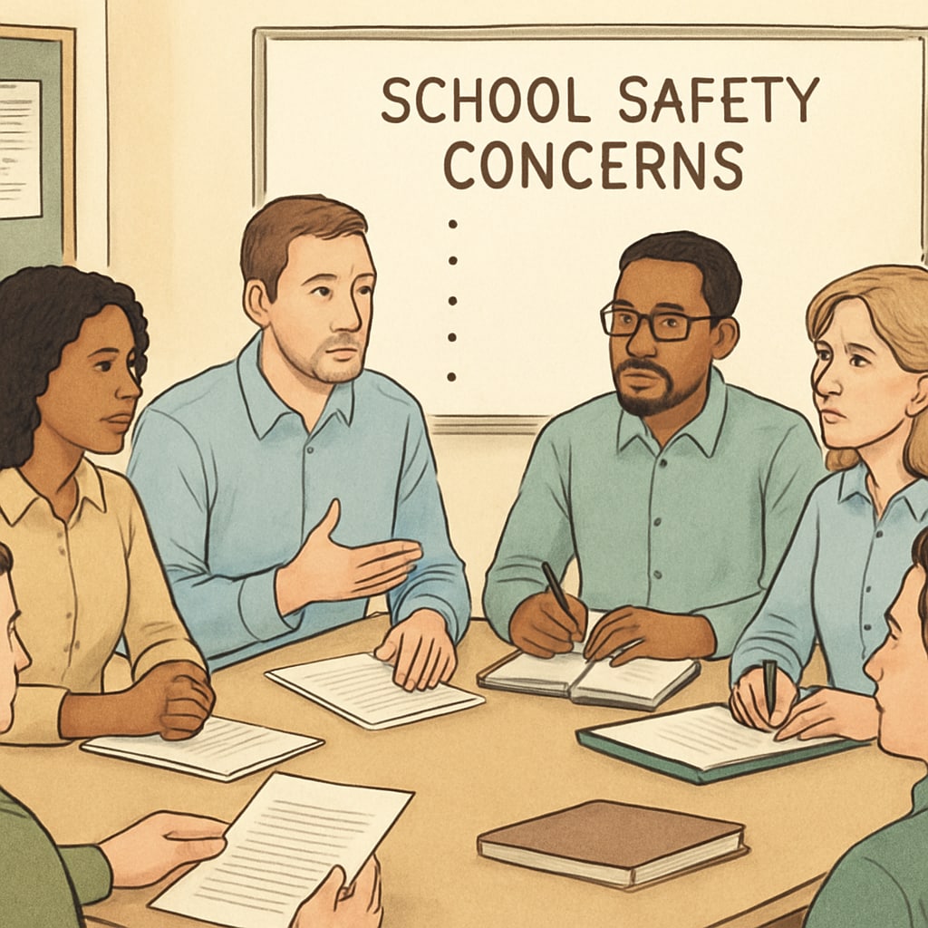 Concerned parents and teachers discussing school safety in a community meeting.