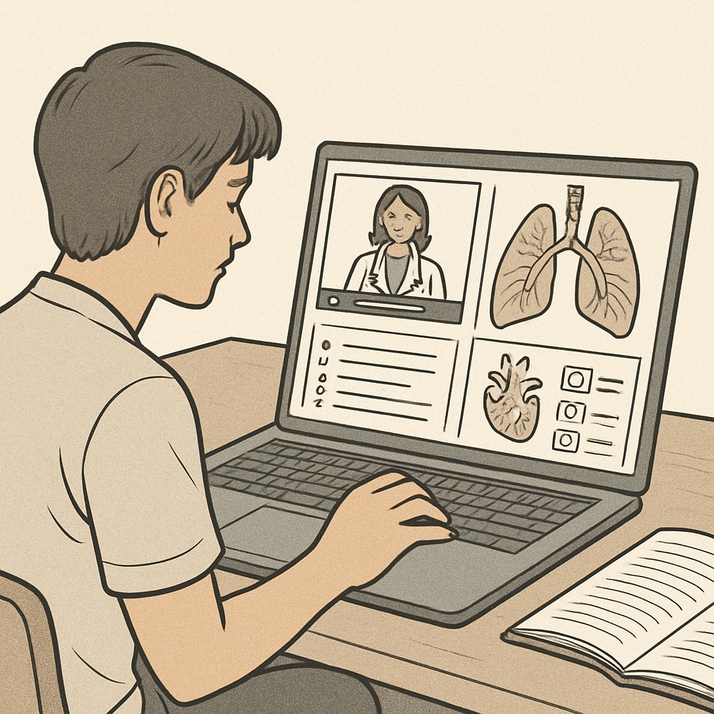 A student using an online platform for medical education, featuring interactive tools.