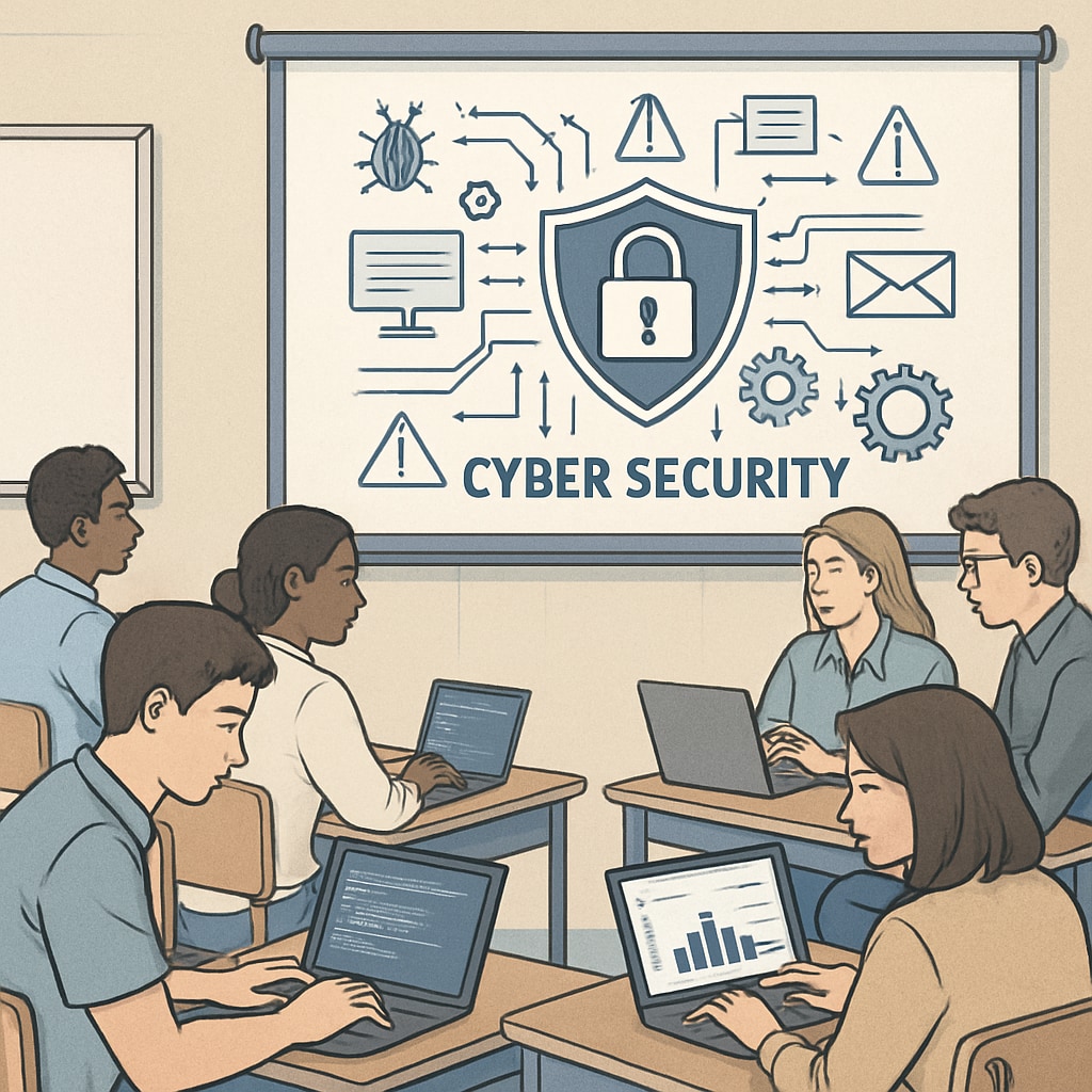 A group of students attending a cybersecurity workshop, engaging in hands-on exercises to develop practical skills. Students participating in a workshop on cybersecurity career development.
