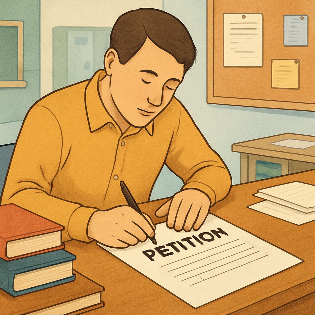 A parent signing a petition to address school board member controversies.