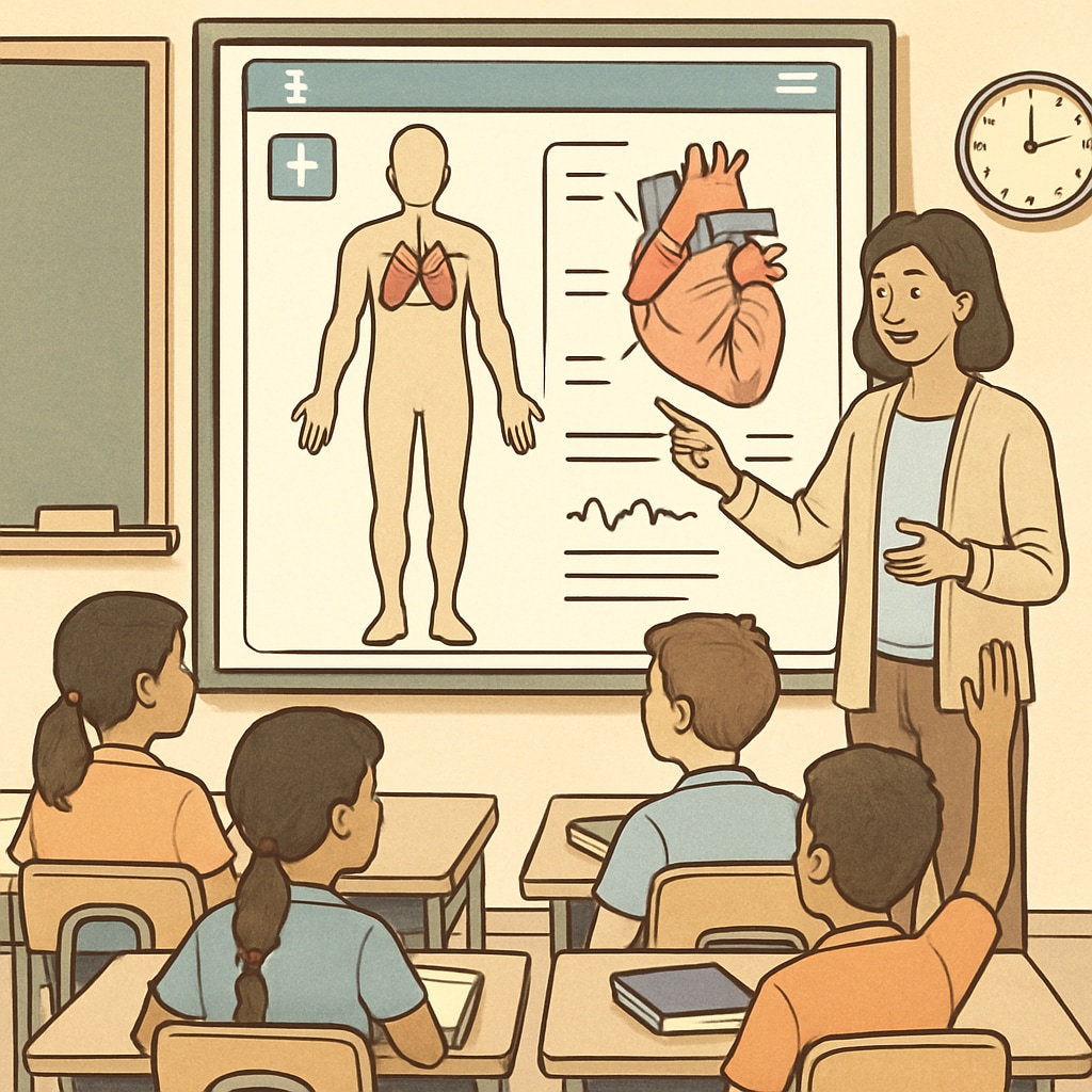 A teacher and students using a medical education app on a smartboard in a classroom.