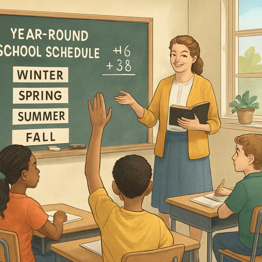 A classroom setting demonstrating year-round school schedules, with students actively engaged in a mid-year lesson. Students in a classroom during a year-round school schedule, emphasizing continuous learning.