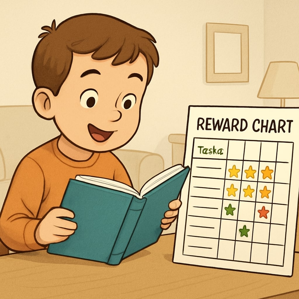 A child enthusiastically reading a book at home with a reward chart beside them. Child reading with a reward chart, promoting reading comprehension and rewards.