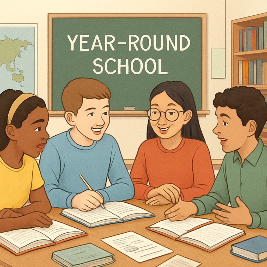 A group of students collaborating in a year-round school environment, emphasizing engagement and active participation. Students collaborating in a year-round school setting, illustrating engagement and retention benefits.