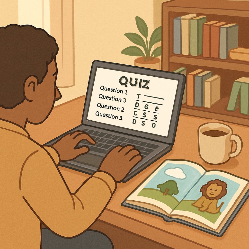 A parent creating a simple quiz on their laptop, inspired by a children's book. Parent developing a reading comprehension quiz, showcasing alternatives to AR points.