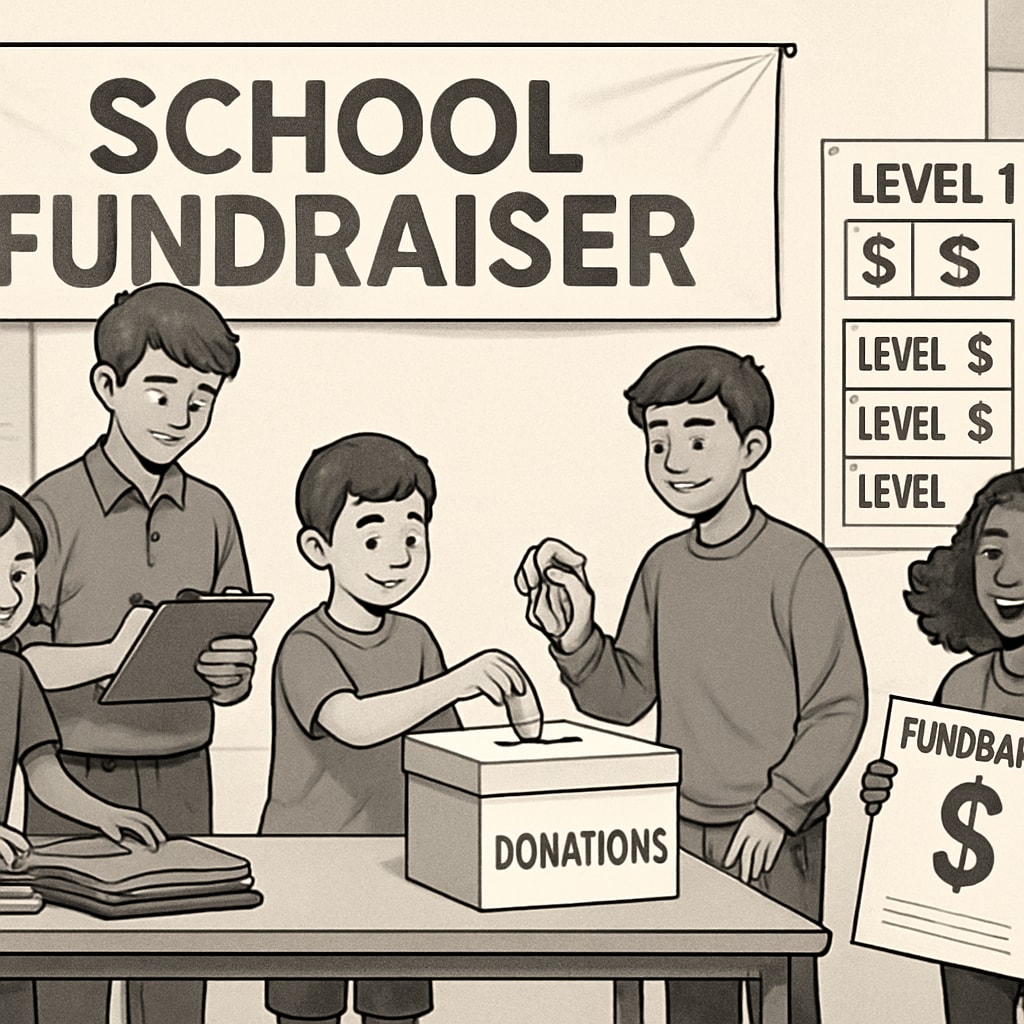 A group of students participating in a school fundraising event, showcasing different levels of involvement based on donation tiers. Students at a fundraising event, illustrating economic discrimination in school activities.