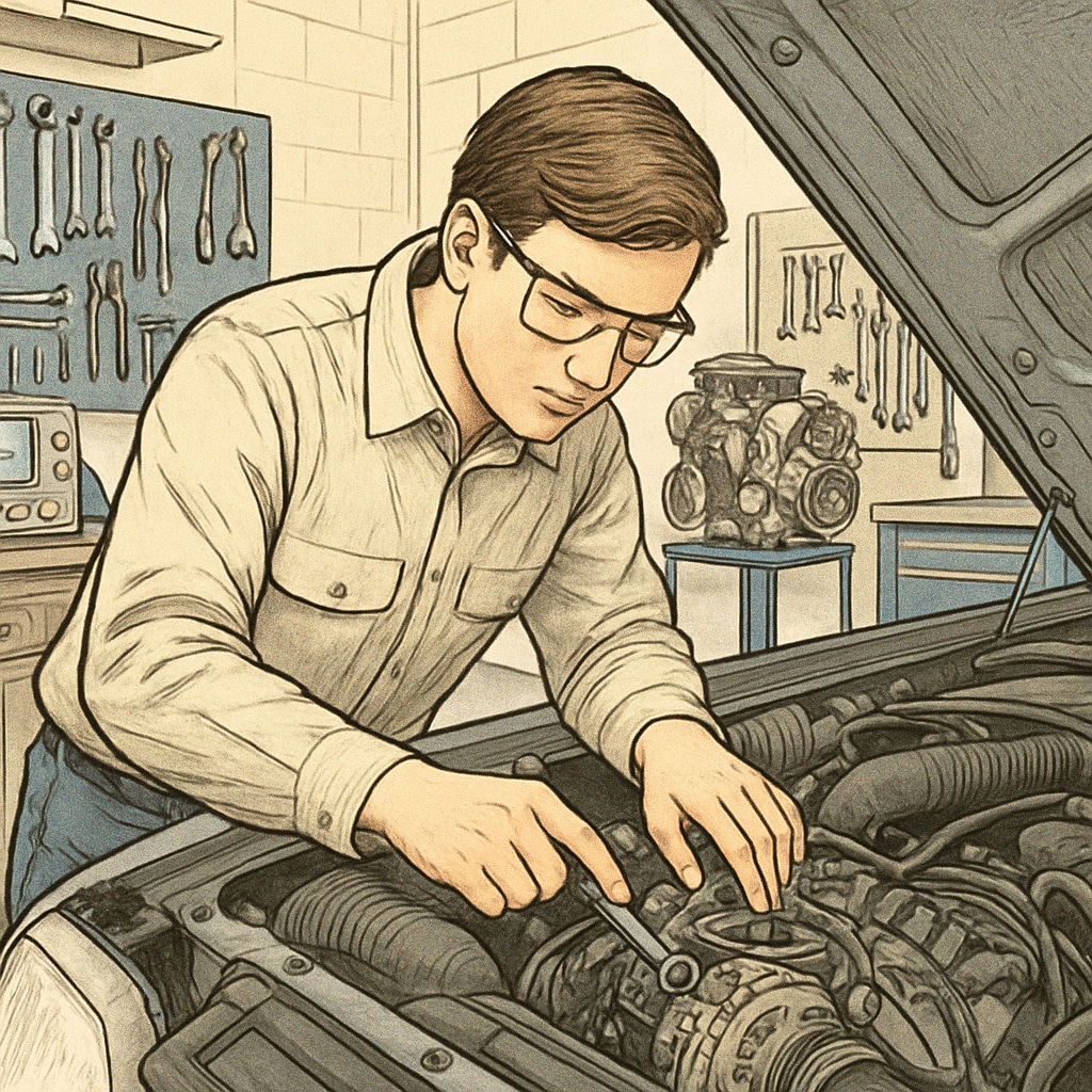 Student in automotive lab working on car engine, related to automotive technology degree.