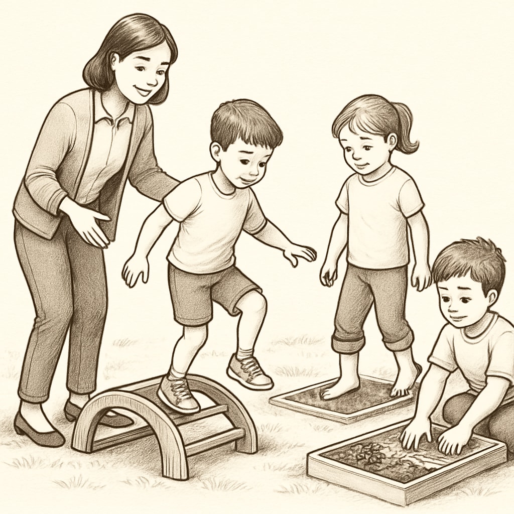 Teacher assistant guiding autism spectrum children in sensory activities