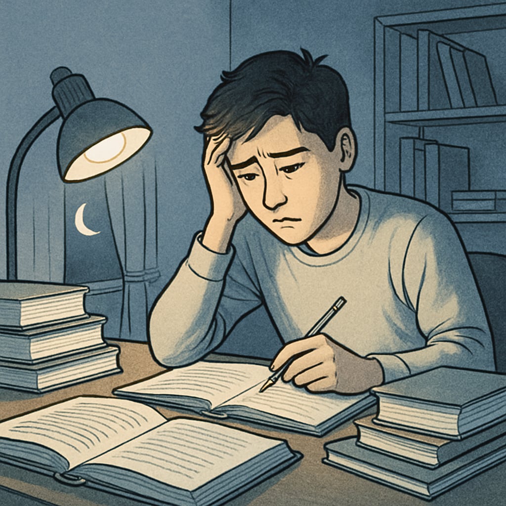 High school student stressed from overworking