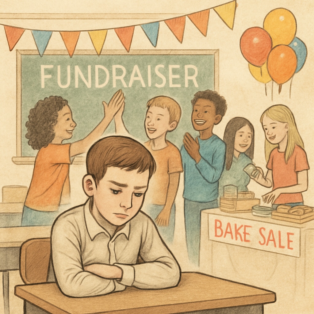 A student sitting alone while others engage in an exclusive event, illustrating the social divide caused by economic-tiered fundraising. A student excluded from a group, highlighting the impact of economic-tiered school fundraisers.