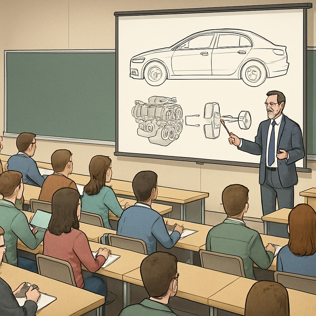 Veteran student studying automotive engineering in a classroom setting.