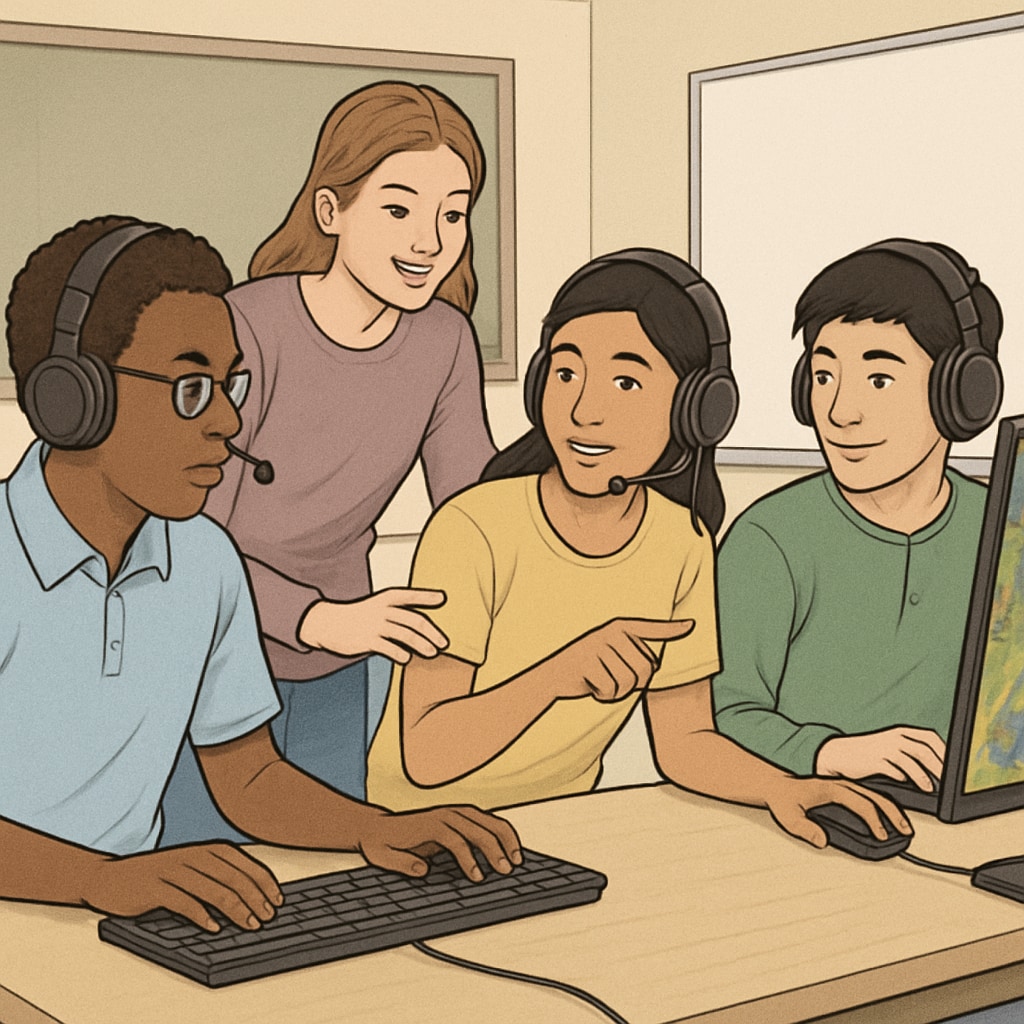 A diverse group of students engaging in an esports-based learning activity, showcasing teamwork and collaboration. Students participating in esports and game-based learning activities.