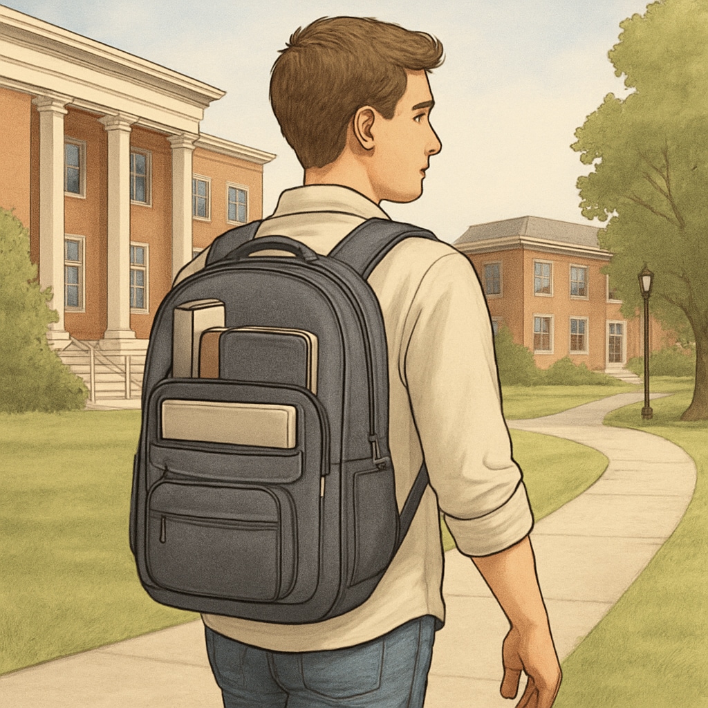 A student walking on a college campus with a backpack designed to carry both books and tech gadgets. College student with practical backpack for books and technology.