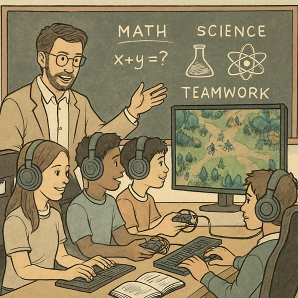 An educator mentoring students during an esports session, highlighting the integration of academic subjects with gaming. Teacher guiding students in an esports-integrated educational program.