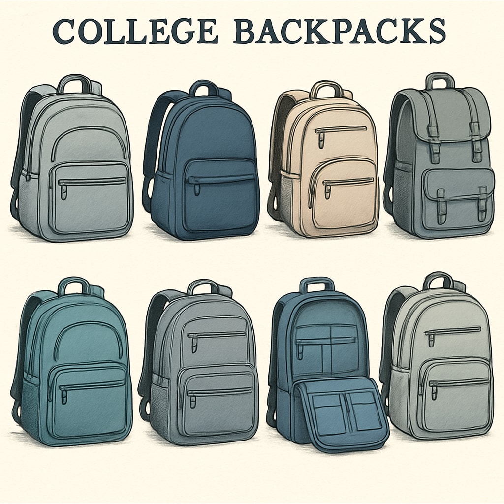 A variety of affordable college backpacks lined up, showcasing different designs and features. Affordable college backpacks with various designs and features.