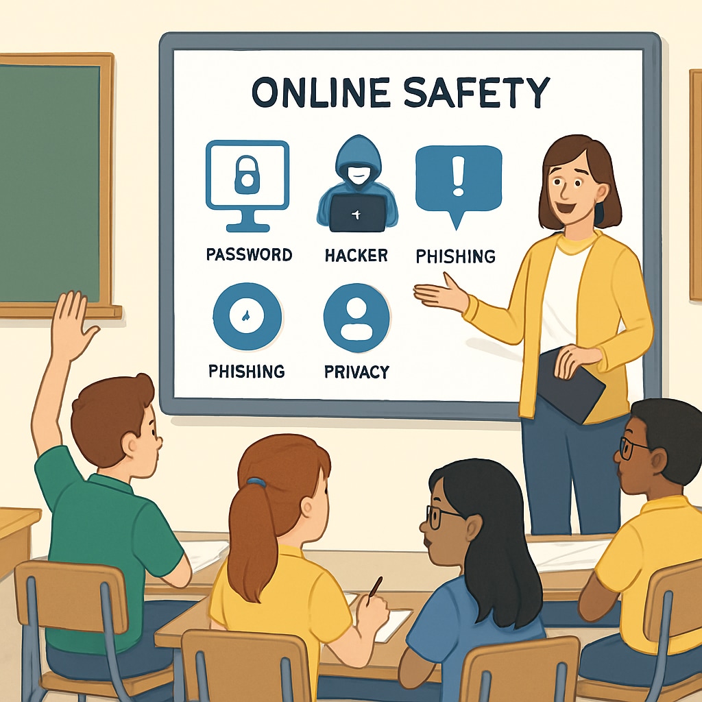 A classroom scene where students are actively engaged in a lesson about online safety and digital literacy, with a teacher explaining concepts using a smartboard. Students learning about digital literacy and online safety in a classroom.