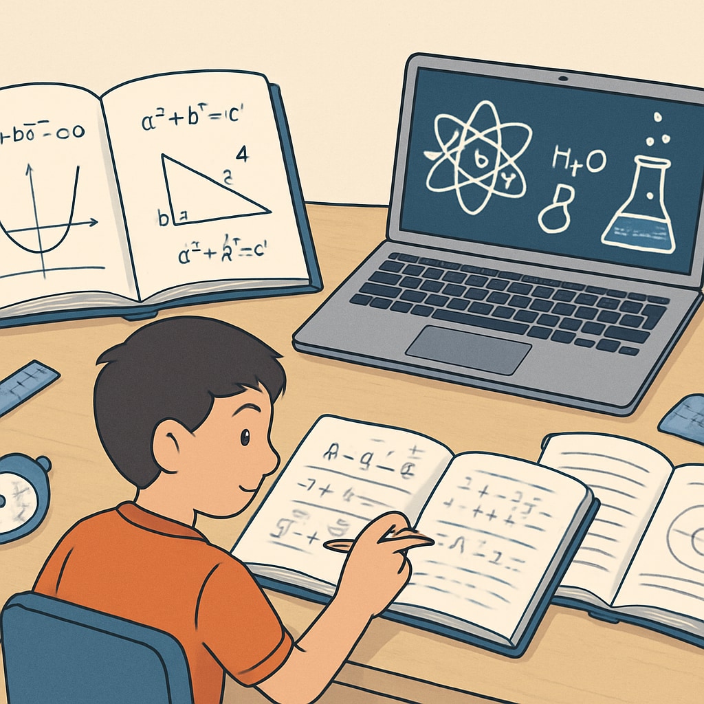 A stock image of a student studying math and science materials using both books and a laptop, emphasizing a blended learning approach. Student using math and science learning resources with books and a laptop.
