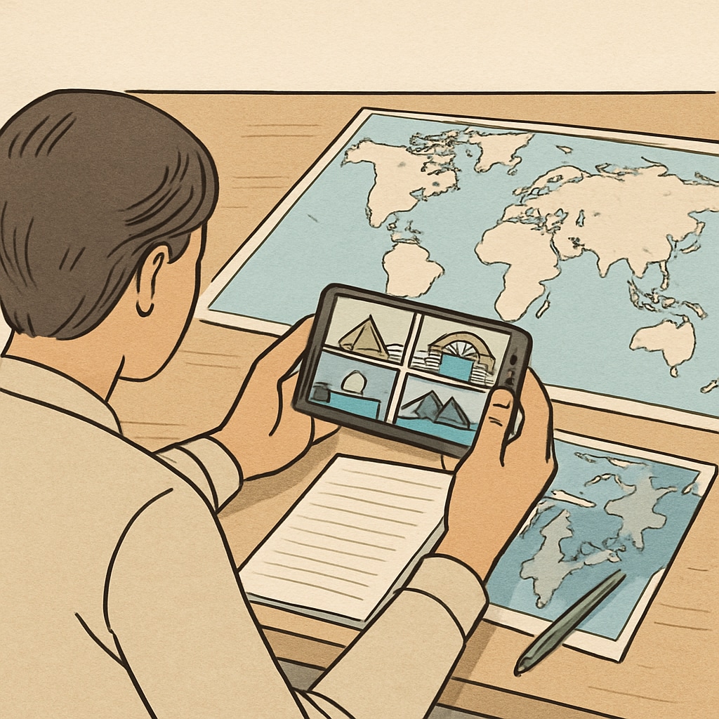 A person watching travel videos on a mobile device while planning a trip. Viewing travel videos to plan a trip, reflecting their influence on tourism decisions.
