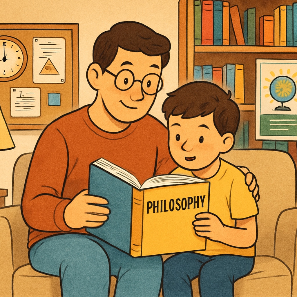 A parent and child reading a book about philosophy together on a couch, surrounded by a cozy and engaging learning environment. Parent and child exploring philosophy and psychology concepts together.