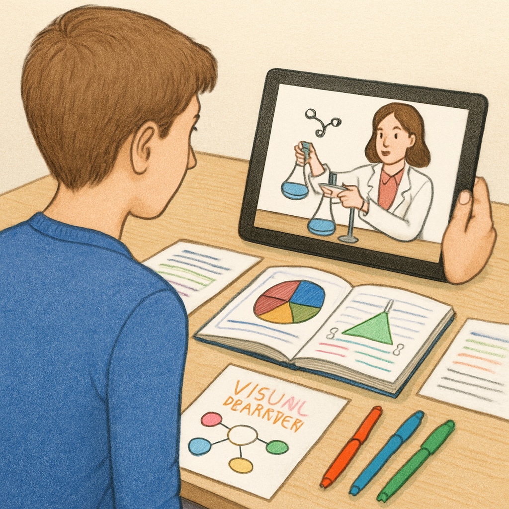 A visual learner watching a science experiment tutorial on a tablet, with colorful notes and diagrams spread out on the table. Visual learner studying science with a tablet and colorful notes.