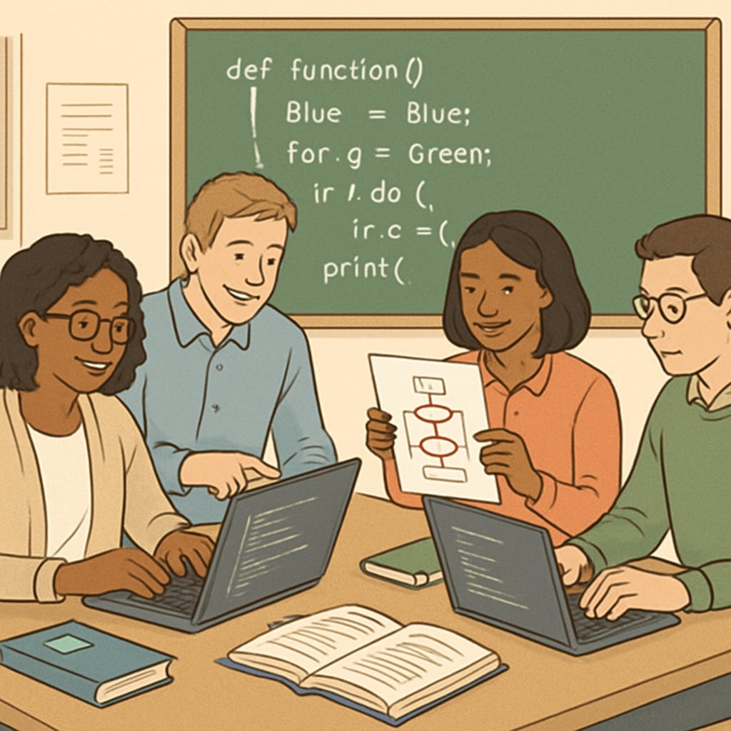 A group of educators working on a collaborative coding project, symbolizing the integration of computer science into K12 education. Educators collaborating on coding, showcasing the impact of online master's degrees in computer science.