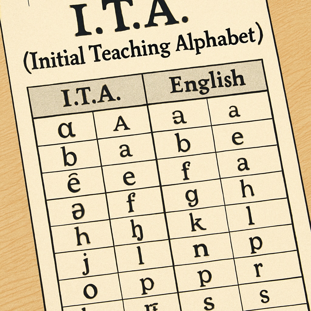 A close-up of an ITA textbook from the 1970s, highlighting its unique phonetic symbols and their English equivalents. ITA textbook from the 1970s with phonetic symbols and English equivalents.