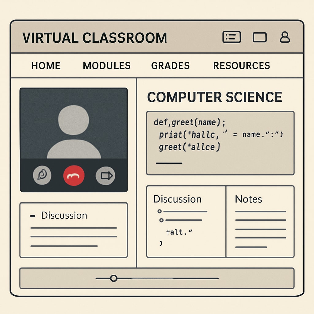 A screenshot of a virtual classroom interface from a computer science program, highlighting the flexibility of online education. Online classroom interface demonstrating the flexibility of an online computer science master’s degree.