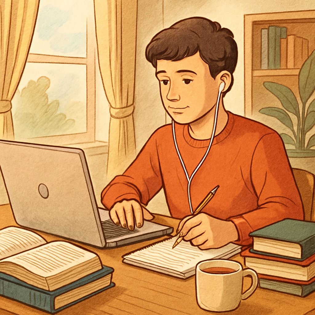 Online learning flexibility demonstrated by a student studying at home.