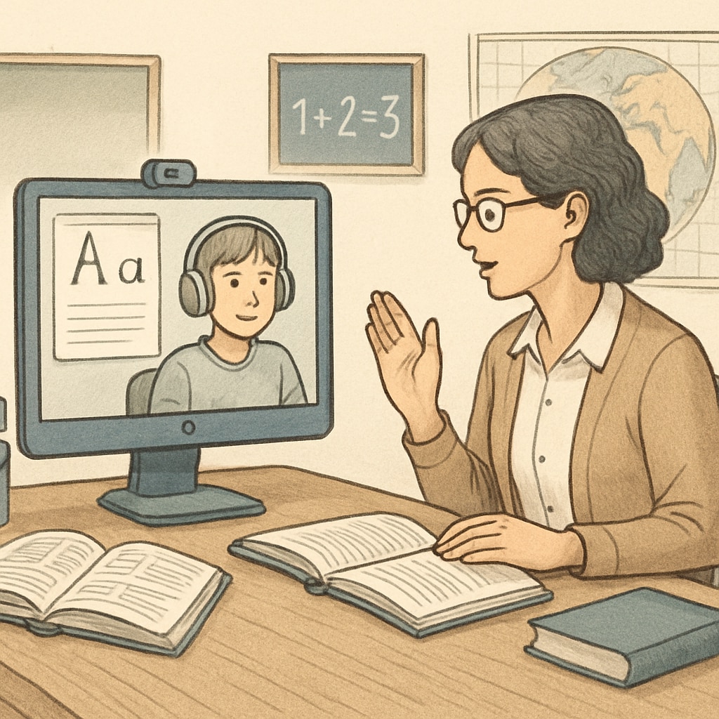 Online public school teacher giving personalized attention to a student.
