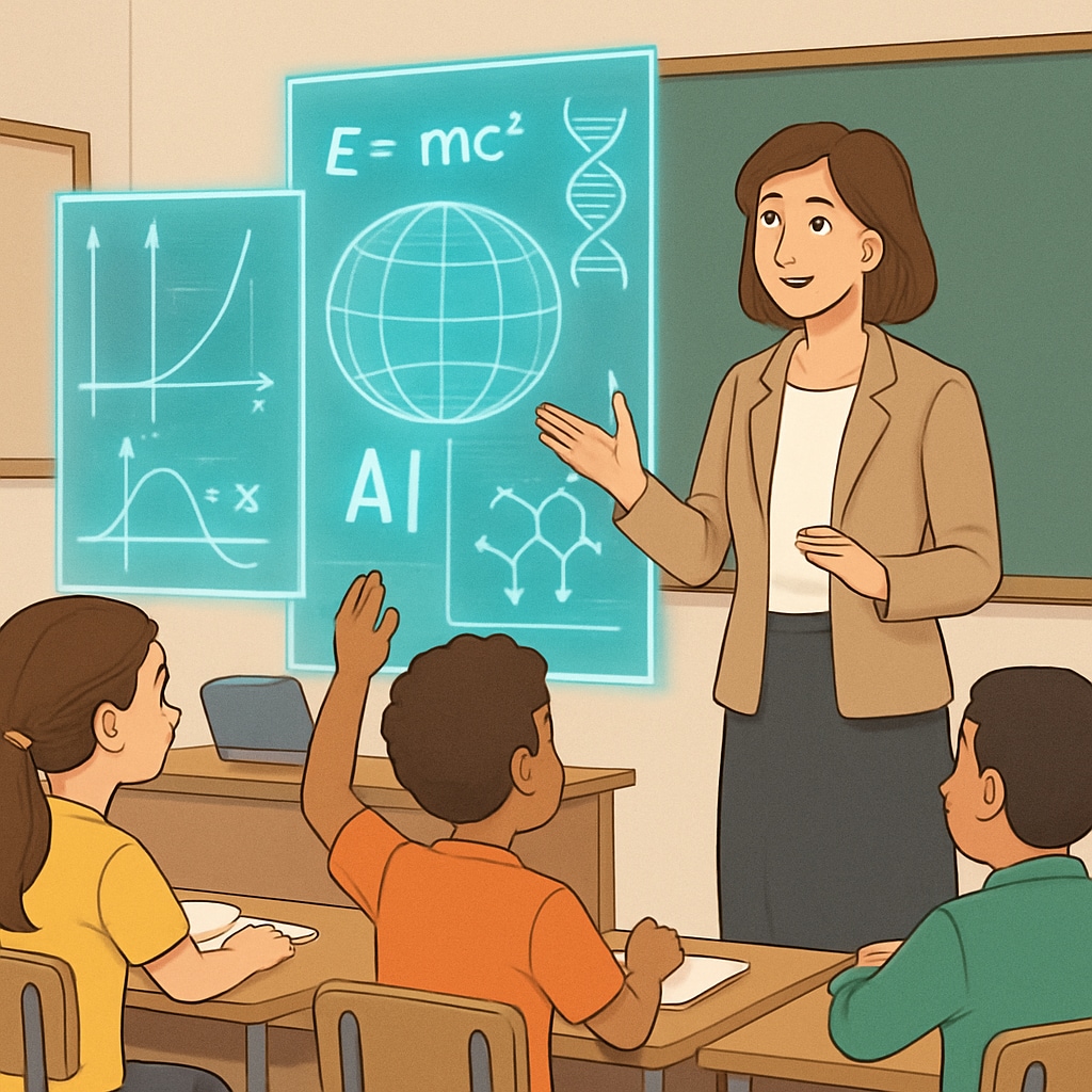 Teacher using AI tools like holographic displays to enhance learning.