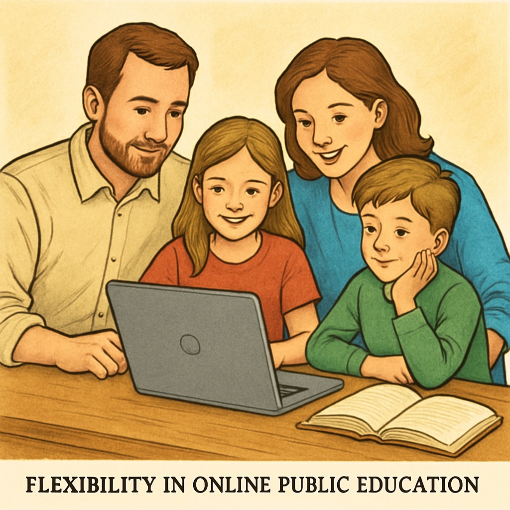 A family working together on a laptop, showcasing the flexibility of online public education. A family using a laptop for online public education.