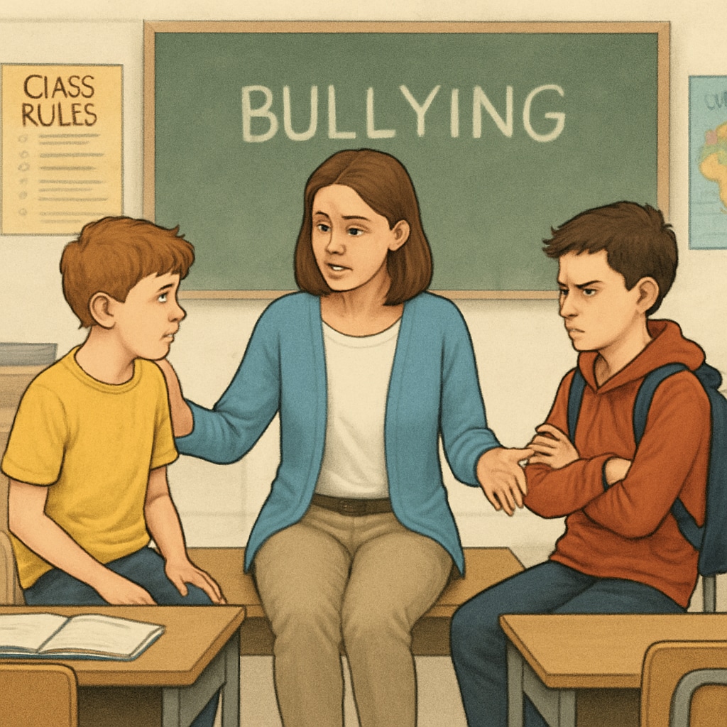 A teacher mediating between two students in a school setting to address bullying issues. Teacher mediating a bullying incident between two students.