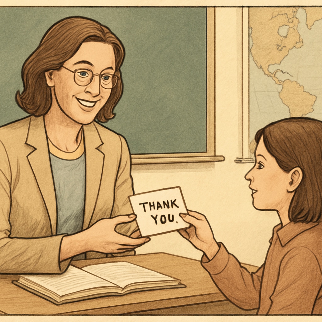 A teacher receiving a handwritten note of gratitude from a student, symbolizing appreciation and connection. Teacher receiving a student's gratitude note in an educational setting.