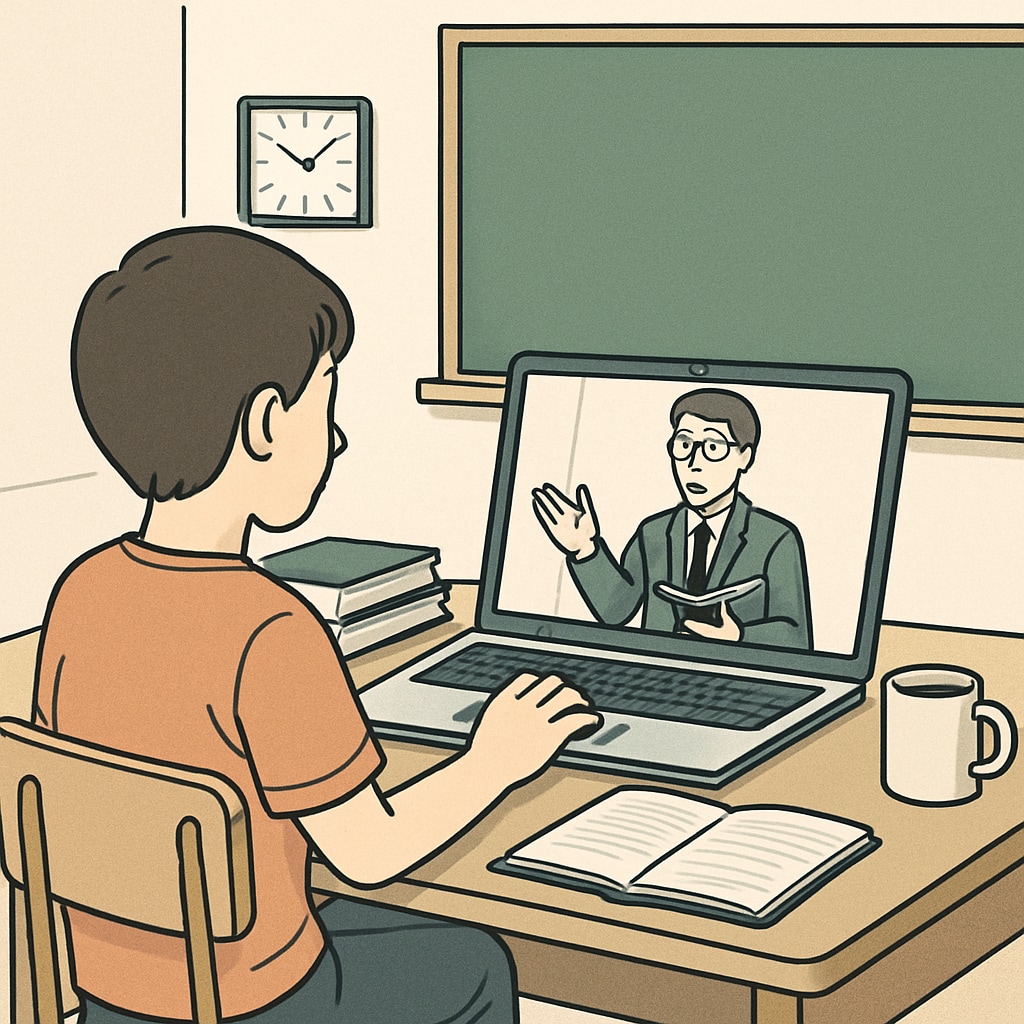 A student attending an online class with a teacher on the screen, symbolizing the convenience of remote learning. A student engaged in an online public school lesson.