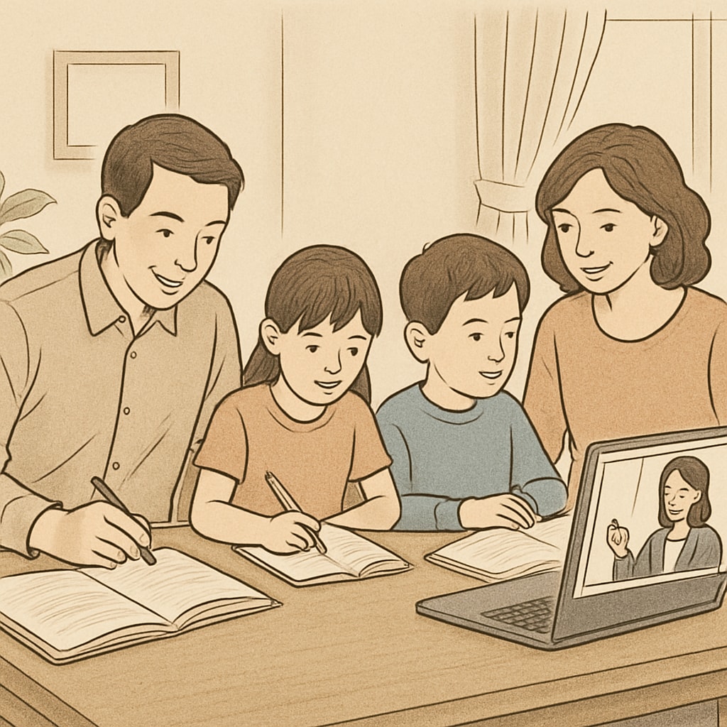 A family working together at a dining table, with a child attending an online class, illustrating family involvement in education. A family supporting their child during an online class, highlighting parent involvement.