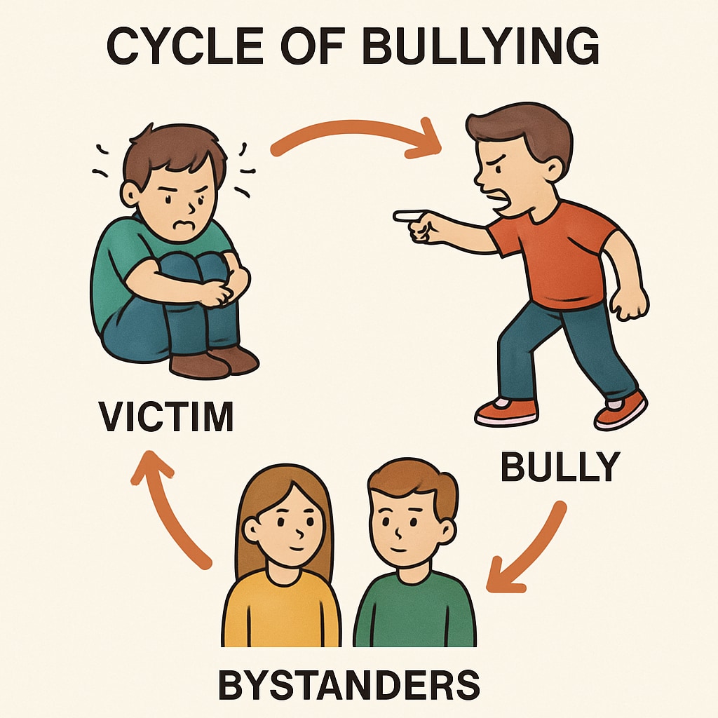 A diagram illustrating the cycle of bullying and its impact on victims, bullies, and bystanders. Diagram explaining the cycle of bullying and its consequences.