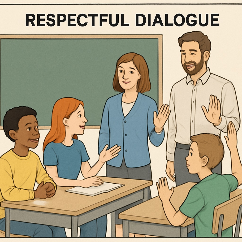 A classroom setting where students and teachers are engaged in respectful dialogue, highlighting the impact of positive interactions. Teacher and students in a classroom engaged in meaningful discussions.